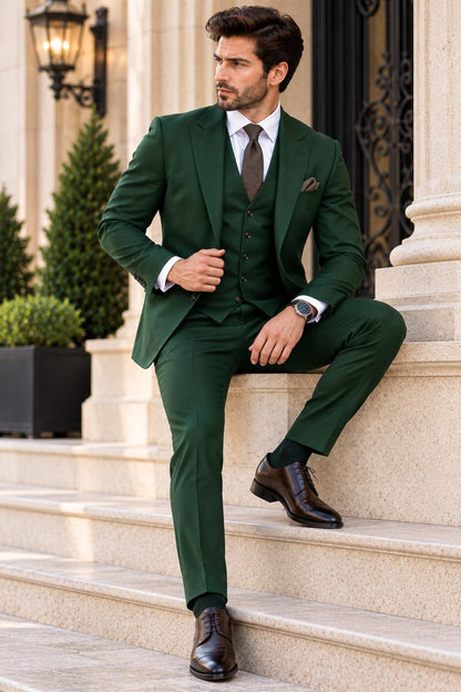 Men’s Forest Green Three Piece Suit, Custom Tailored Terry Rayon Suit