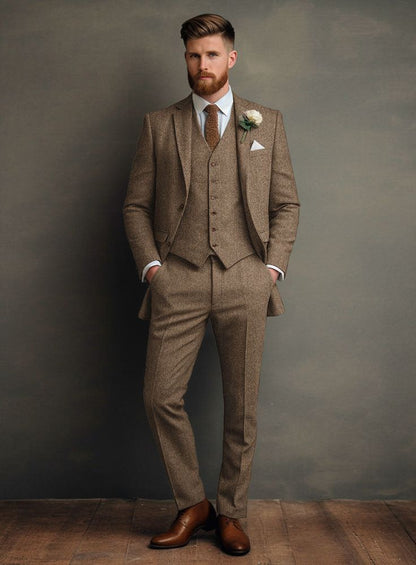 Classic Brown Double-Breasted Suit in Tweed Fabric – Timeless Elegance & Sophisticated Style