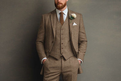 Classic Brown Double-Breasted Suit in Tweed Fabric – Timeless Elegance & Sophisticated Style