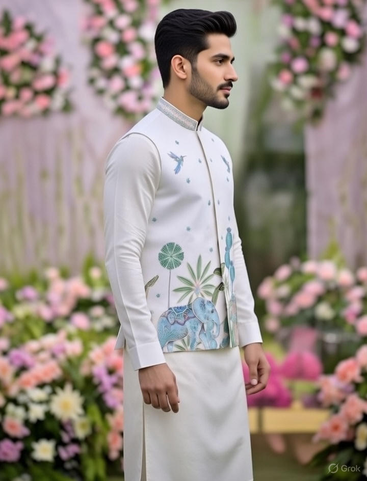 Off-White Elegant Bandhgala Kurta Jacket Set, Groom Wedding Outfit with Zardozi & Hand Block Printing