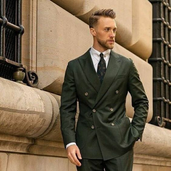 Forest Green Double Breasted Suit for Men, Custom Tailored Wedding Groom Outfit