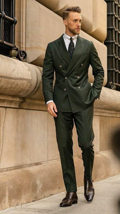Forest Green Double Breasted Suit for Men, Custom Tailored Wedding Groom Outfit
