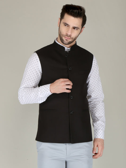 Handmade Black Nehru Jacket for Men, Classic Wedding Groom Attire