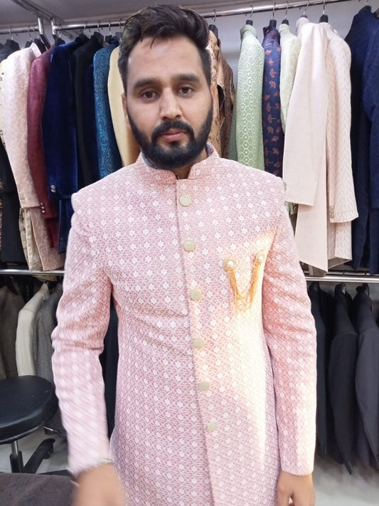 Peach Sherwani for Men: Thread Embroidered Indian Wedding Suit