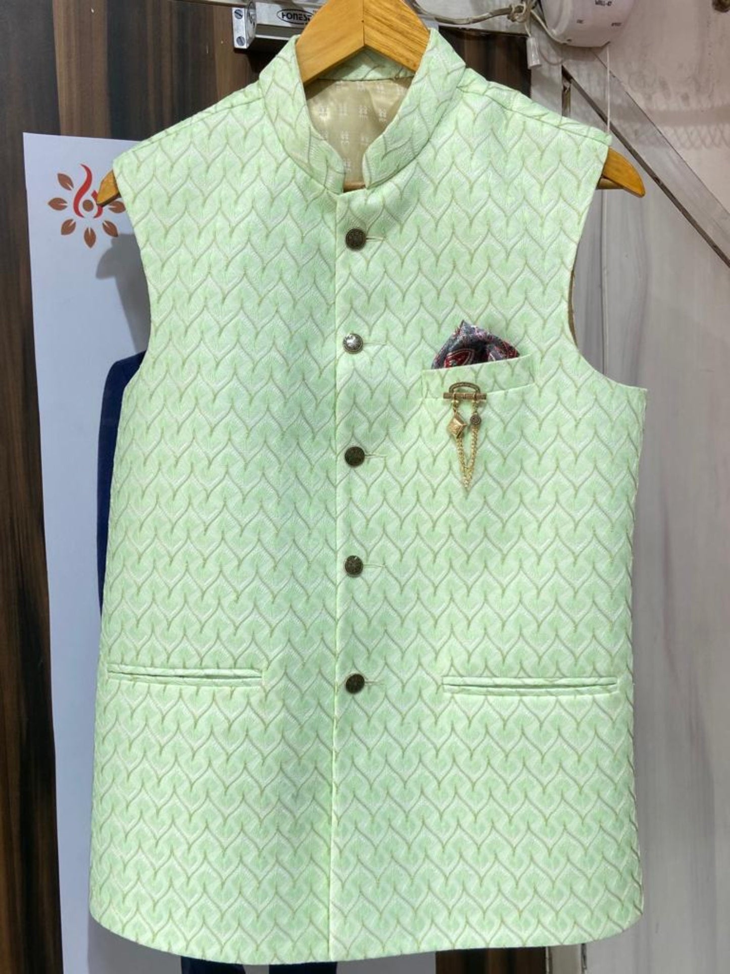 Green Printed Nehru Jacket: Men's Modi Vest, Formal Wedding Attire