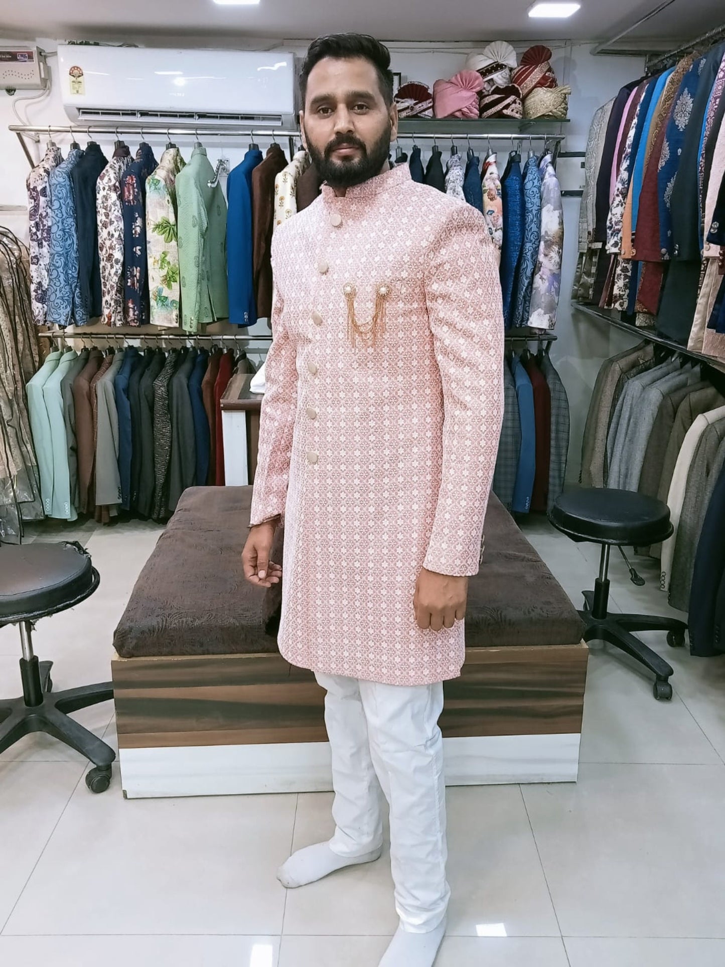 Peach Sherwani for Men: Thread Embroidered Indian Wedding Suit