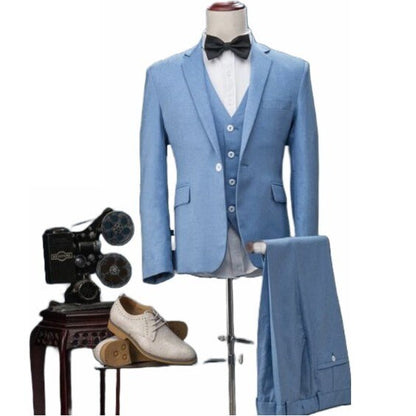 Sky Blue Slim Fit Suit: 3 Piece Wedding Groom Dinner Suit