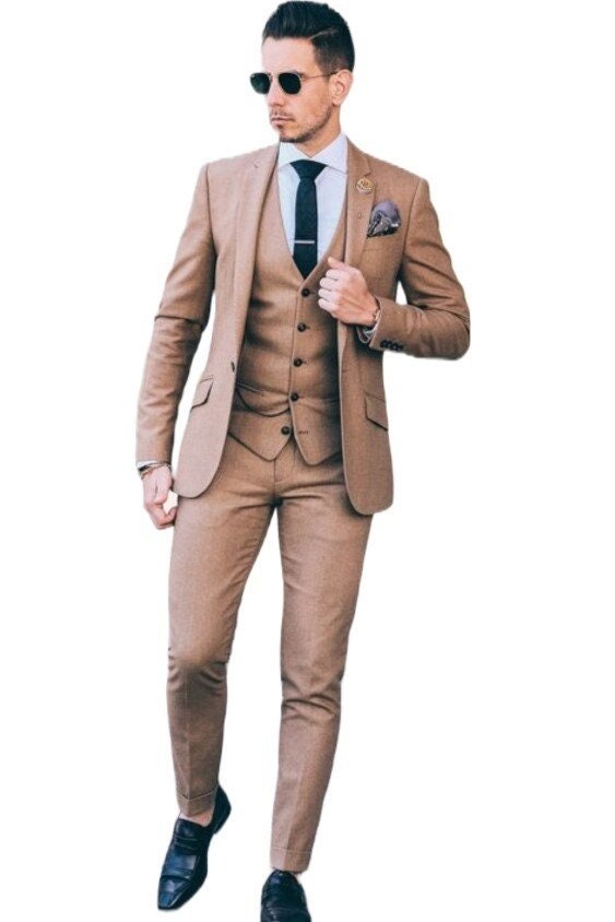 Beige 3-Piece Slim Fit Suit: Golden Attire Wedding Tuxedo