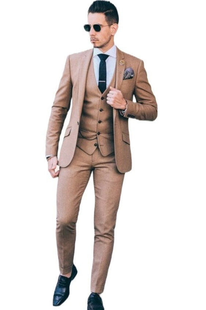 Beige 3-Piece Slim Fit Suit: Golden Attire Wedding Tuxedo