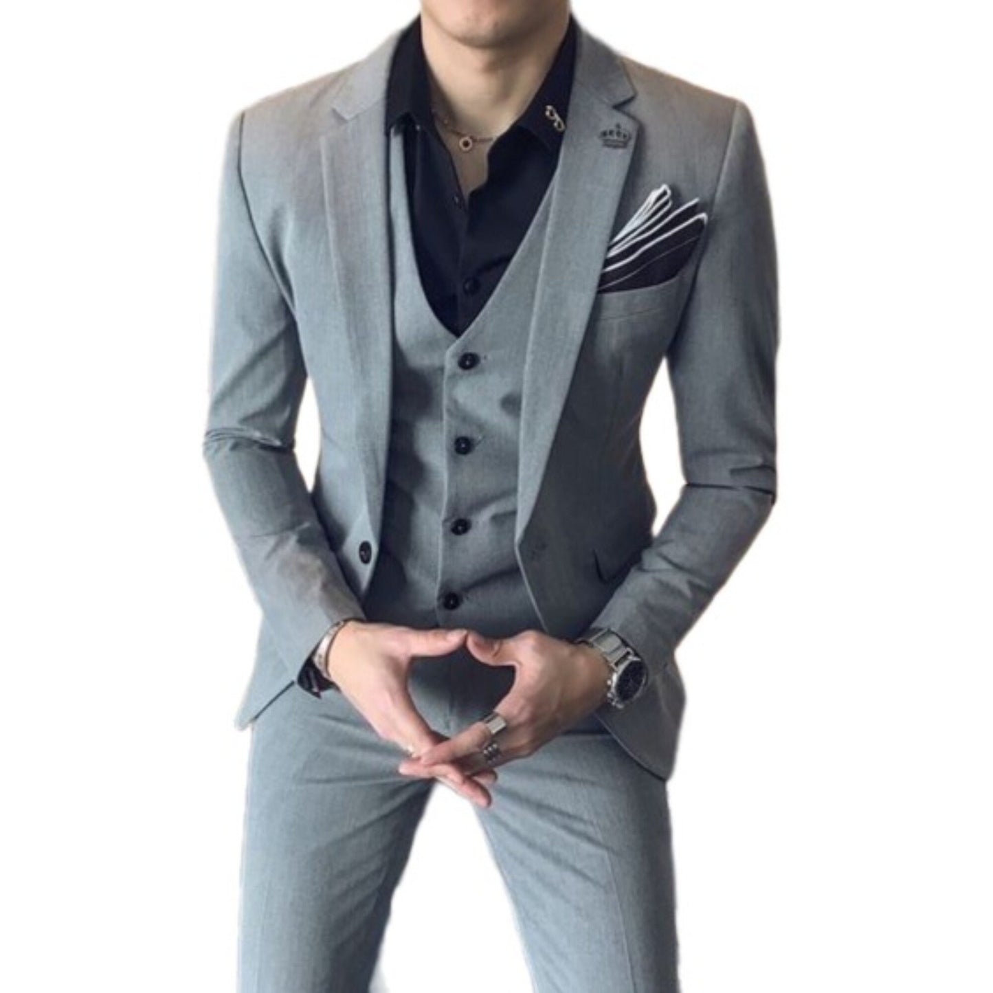 Grey 3-Piece Suit: Men's Wedding Groom Dinner Suit