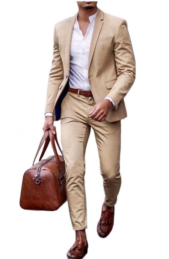 Beige Two Piece Suit: Men's Wedding Groom Attire