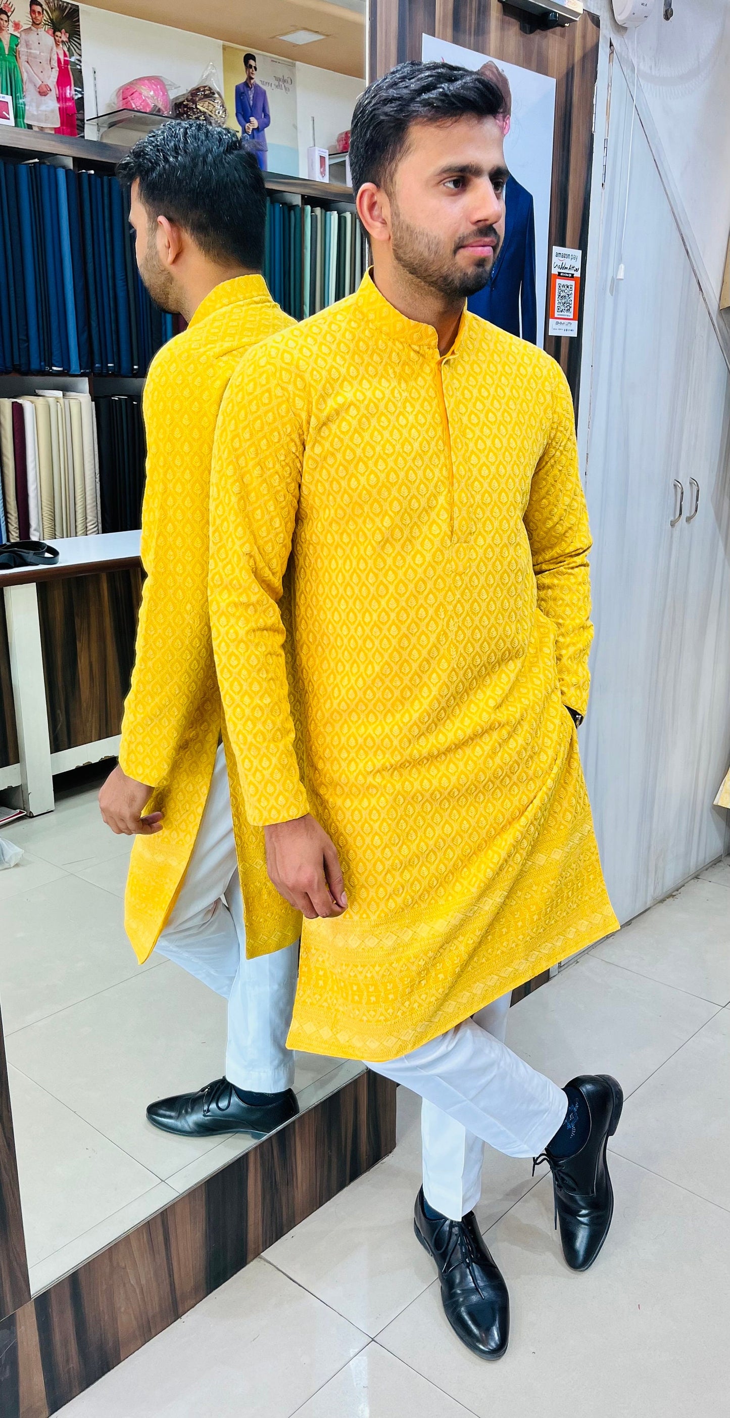 Handmade Yellow Kurta Pajama Set, Indian Wedding Outfit