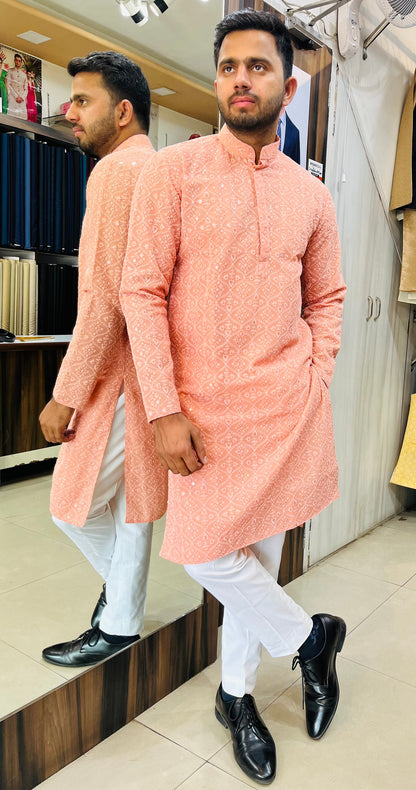 Peacock Blue Embroidered Cotton Kurta Pajama Set: Customizable Indian Menswear