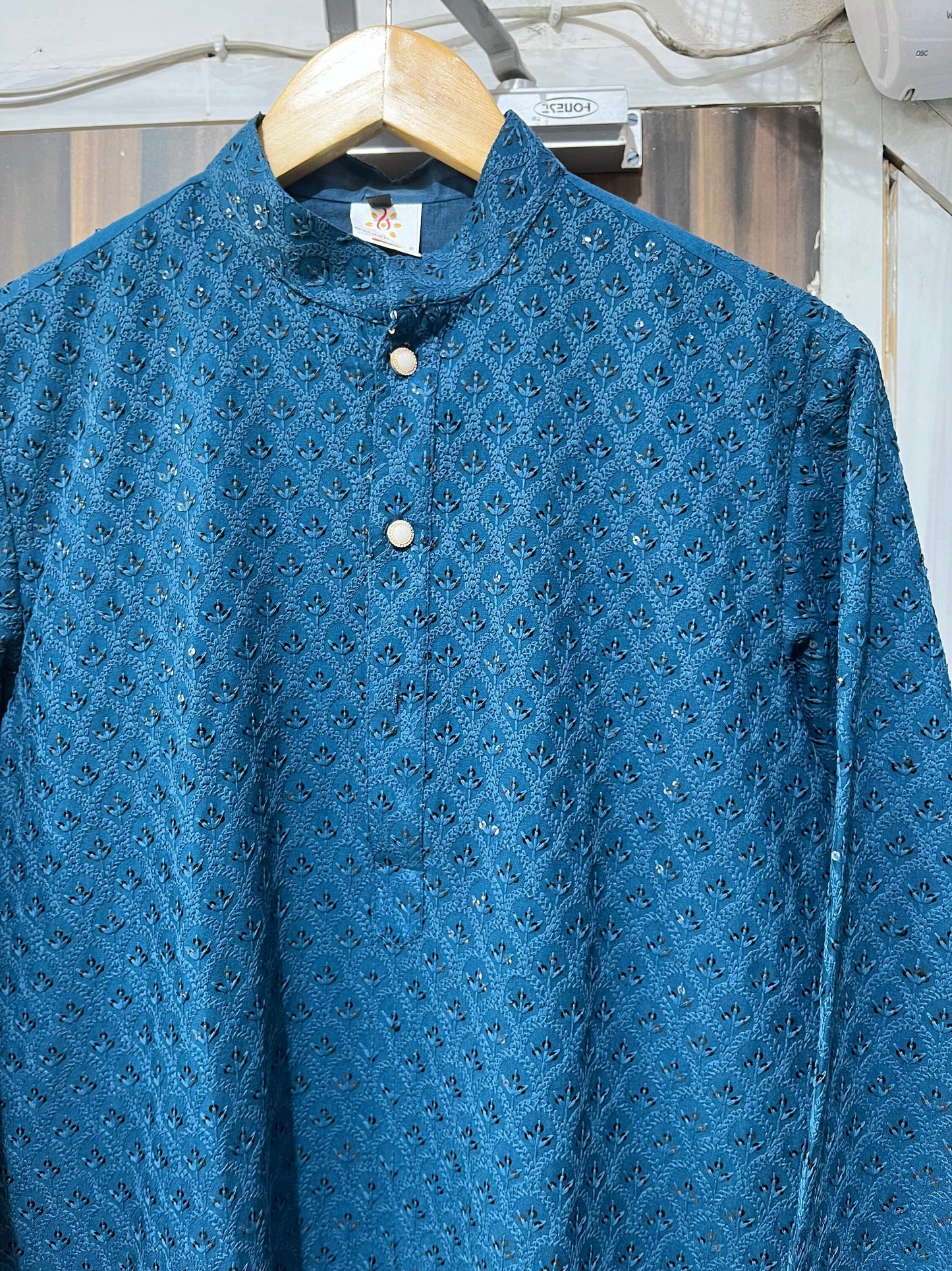 Peacock Blue Embroidered Cotton Kurta Pajama Set: Customizable Indian Menswear