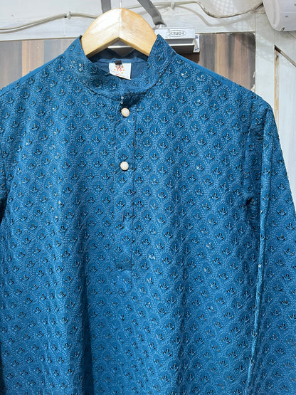 Peacock Blue Embroidered Cotton Kurta Pajama Set: Customizable Indian Menswear