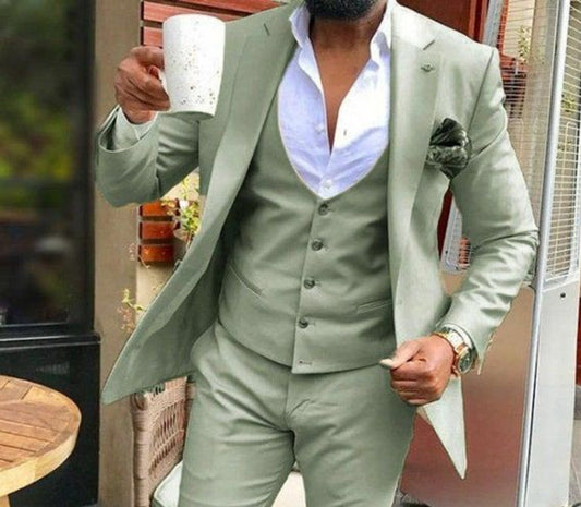 Sage Green 3-Piece Suit: Slim Fit Wedding Groom Suit