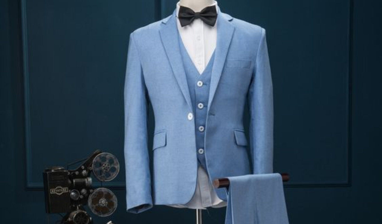 Sky Blue Slim Fit Suit: 3 Piece Wedding Groom Dinner Suit