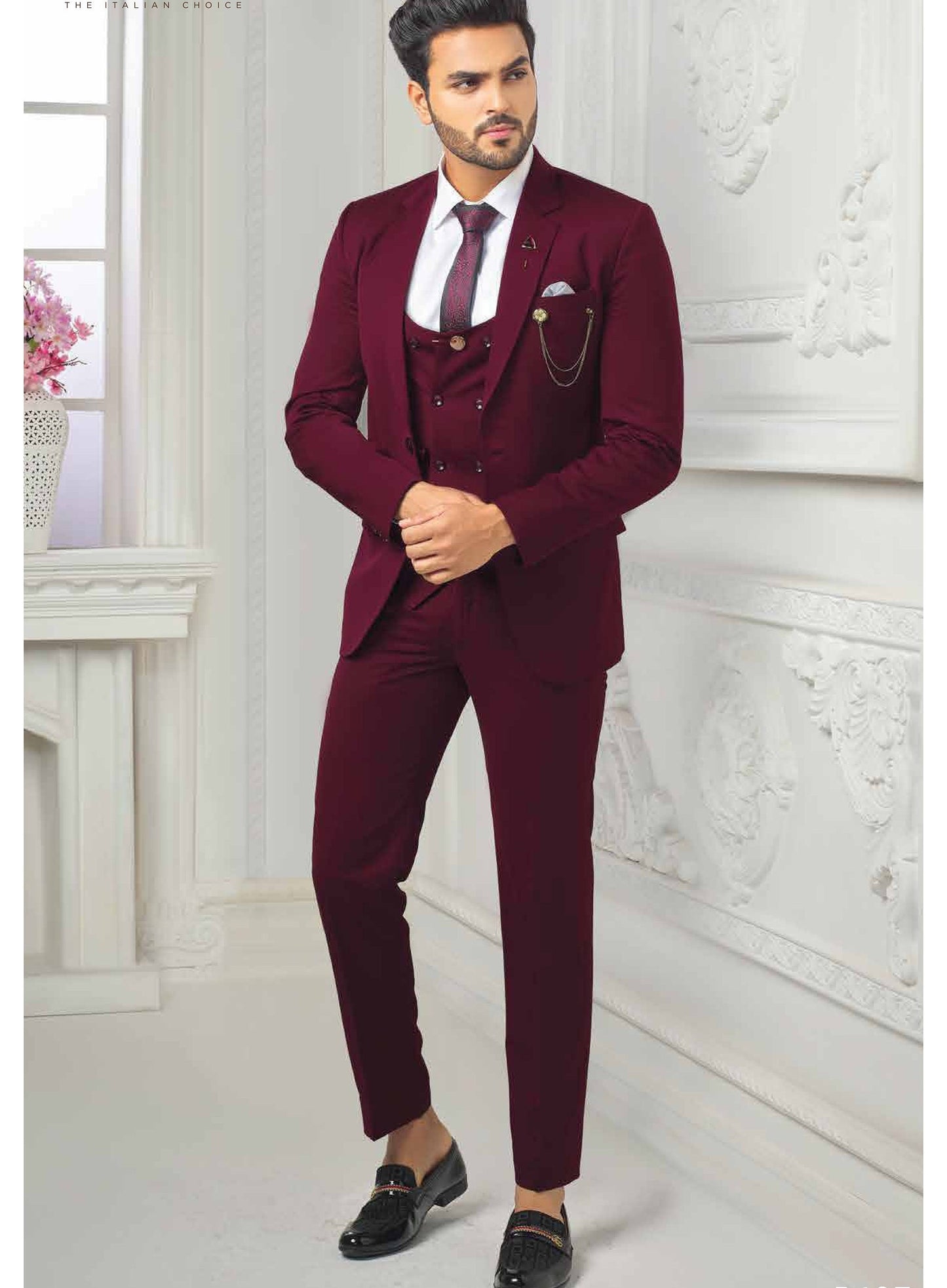 Maroon Three-Piece Men's Suit: Wedding Groom Engagement Bespoke Suit