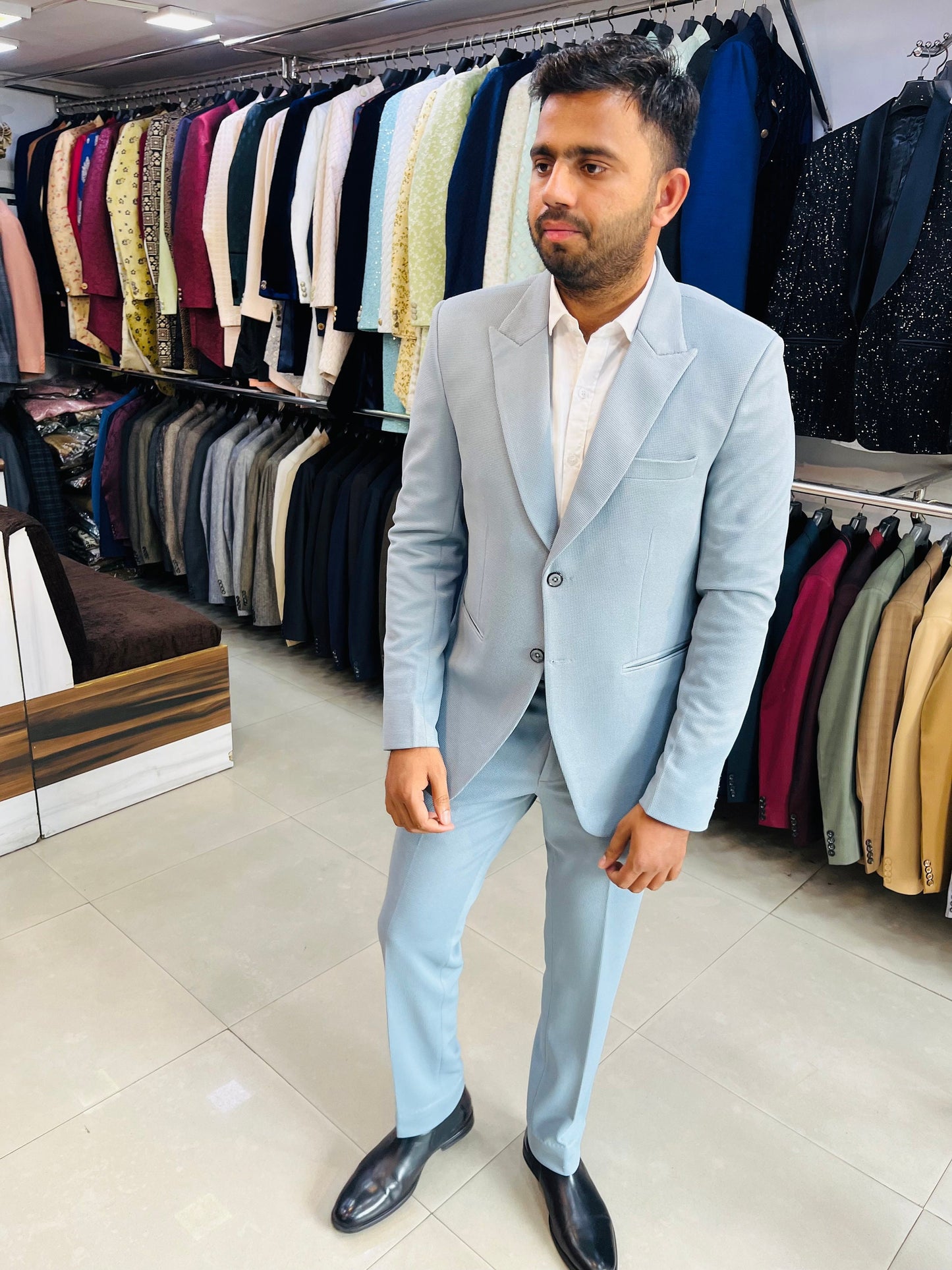Sky Blue Three Piece Suit, Slim Fit Bespoke Wedding Suit