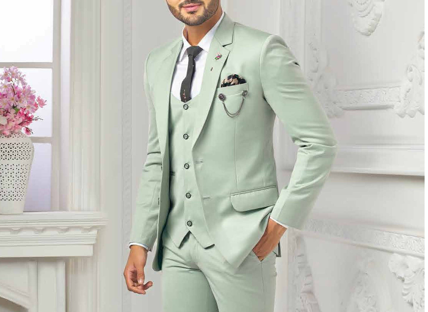 Sage Green Three Piece Suit: Custom Wedding Groomsmen Suit