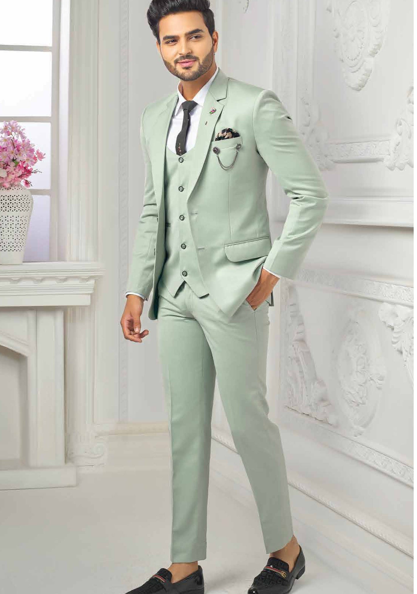 Sage Green Three Piece Suit: Custom Wedding Groomsmen Suit