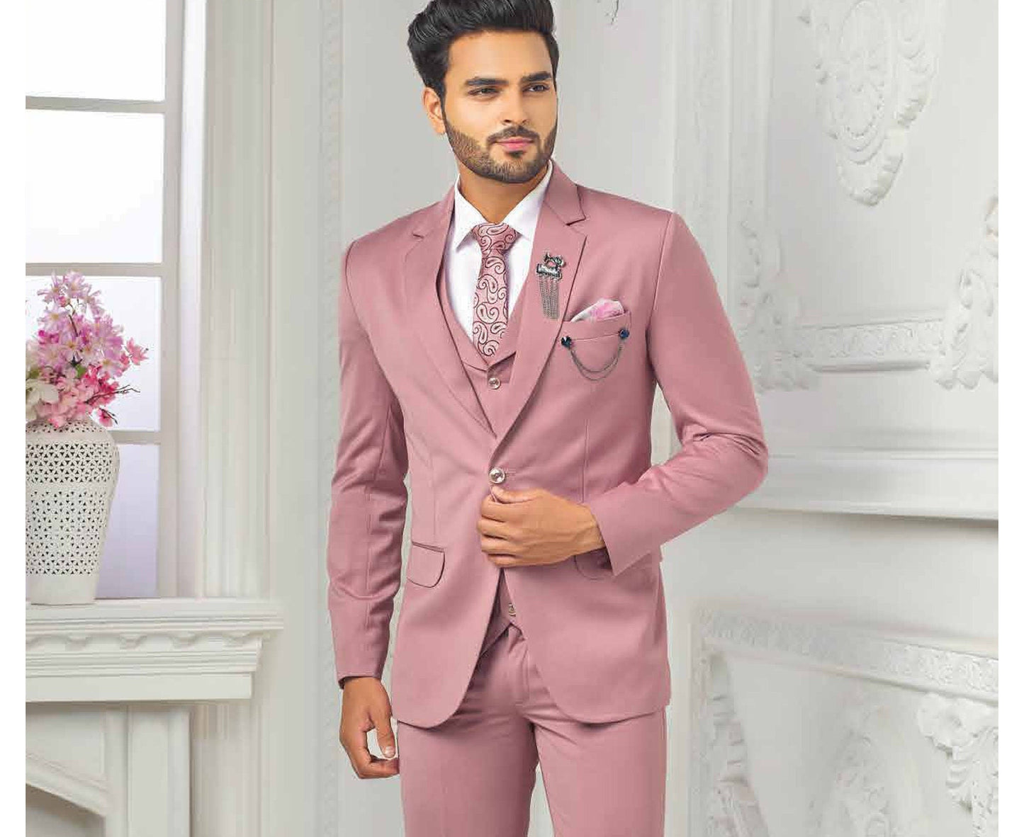 Dusty Rose Men's Suit: 3-Piece Wedding Groom Bespoke Suit