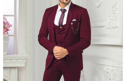 Maroon Three-Piece Men's Suit: Wedding Groom Engagement Bespoke Suit