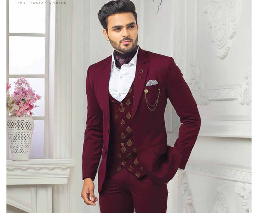 Maroon 3-Piece Suit: Bespoke One-Button Wedding Suit