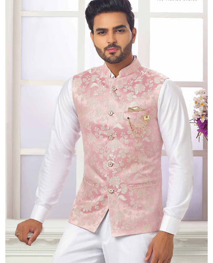 Dusty Pink Jacquard Modi Nehru Jacket Set for Men