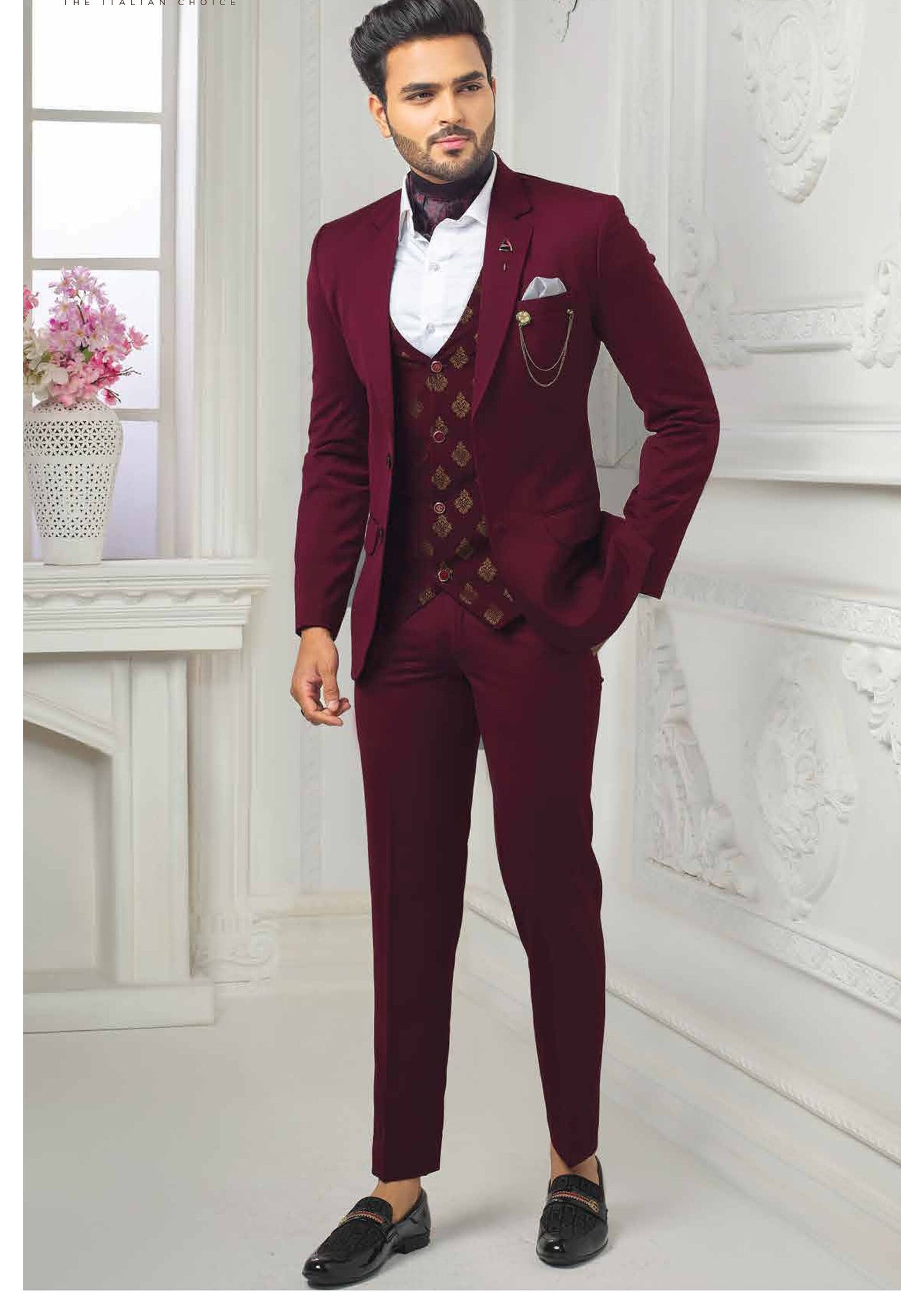 Maroon 3-Piece Suit: Bespoke One-Button Wedding Suit