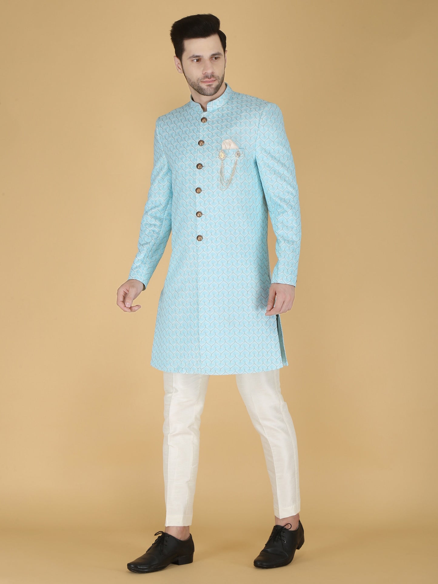 Sherwani for Men, Indian Wedding Groom Outfit, Sky blue Indo Western Set,