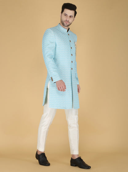 Sherwani for Men, Indian Wedding Groom Outfit, Sky blue Indo Western Set,