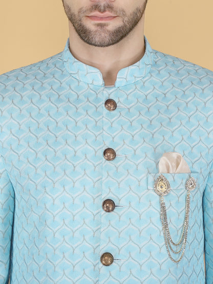 Sherwani for Men, Indian Wedding Groom Outfit, Sky blue Indo Western Set,