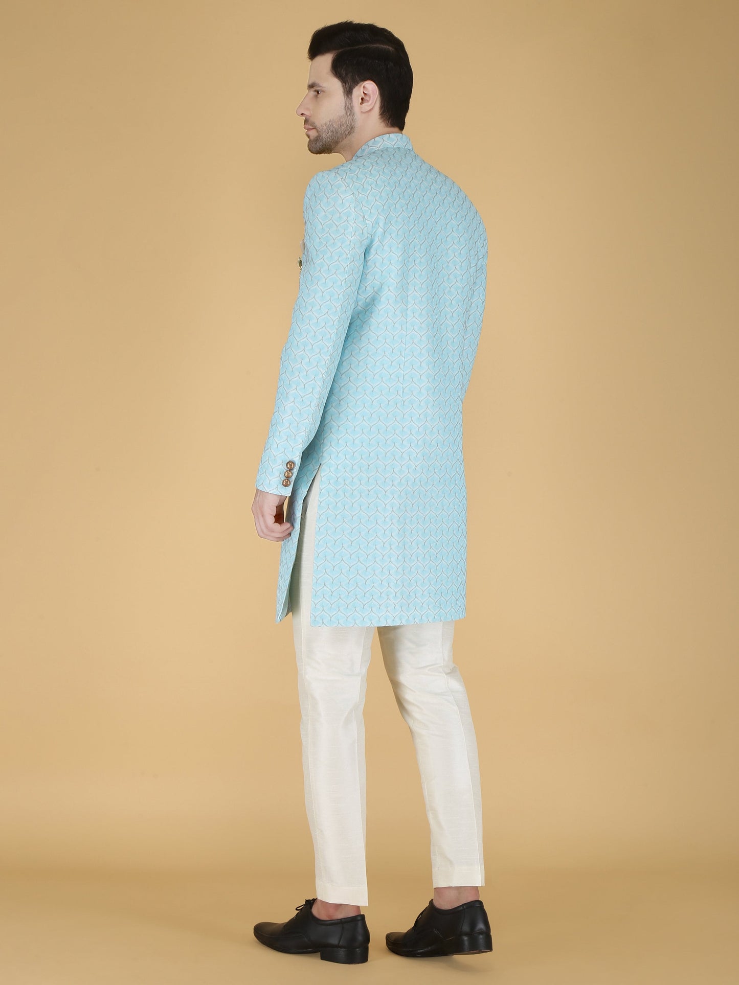 Sherwani for Men, Indian Wedding Groom Outfit, Sky blue Indo Western Set,