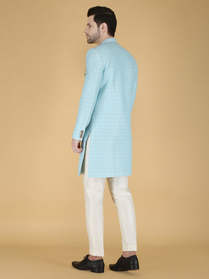 Sherwani for Men, Indian Wedding Groom Outfit, Sky blue Indo Western Set,