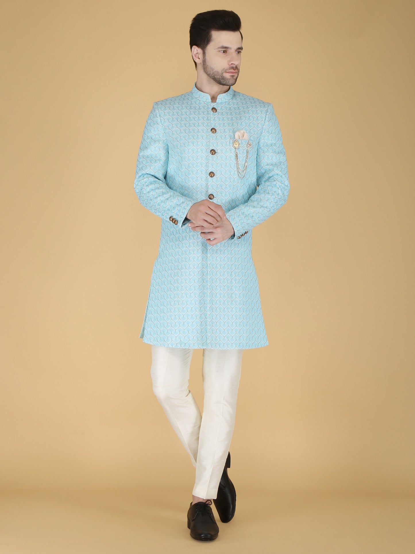 Sherwani for Men, Indian Wedding Groom Outfit, Sky blue Indo Western Set,