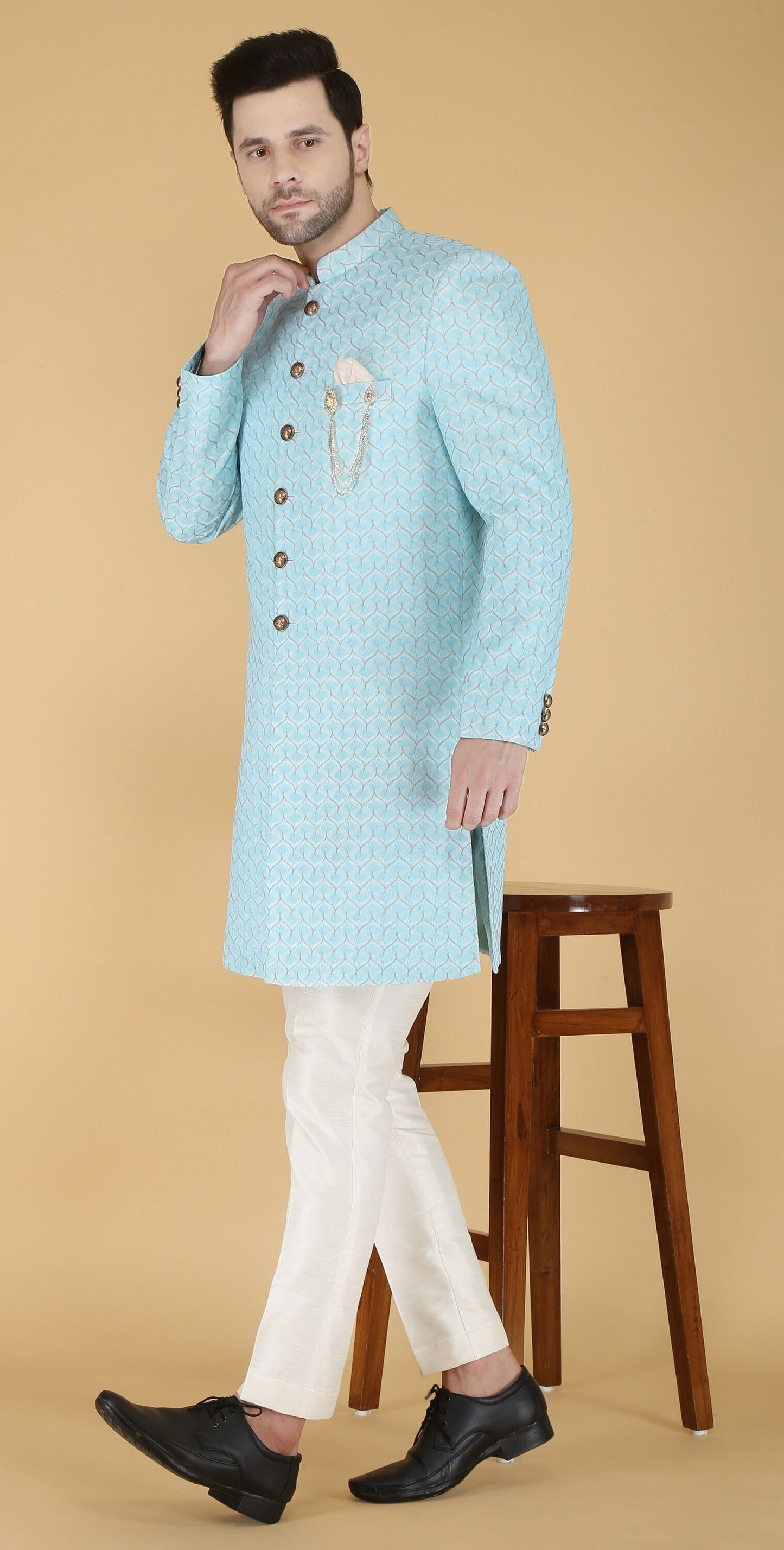 Sherwani for Men, Indian Wedding Groom Outfit, Sky blue Indo Western Set,