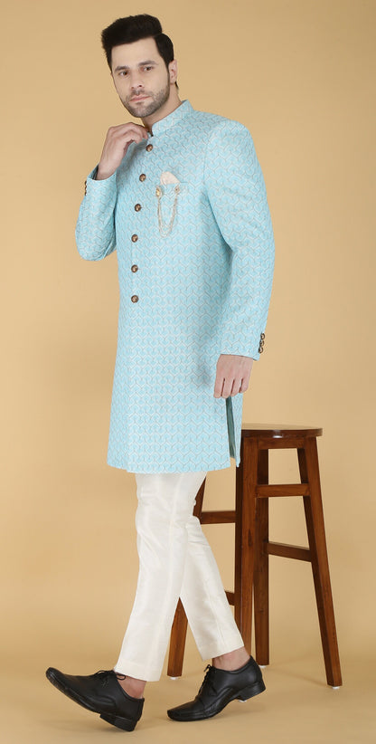 Sherwani for Men, Indian Wedding Groom Outfit, Sky blue Indo Western Set,