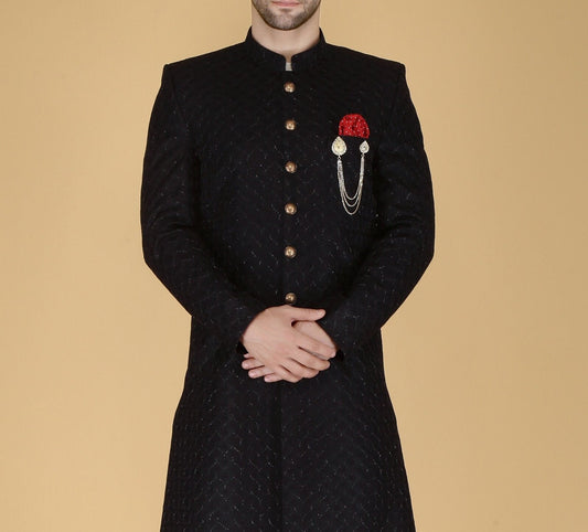 Thread Embroidered Sherwani: Indian Wedding Groom Outfit