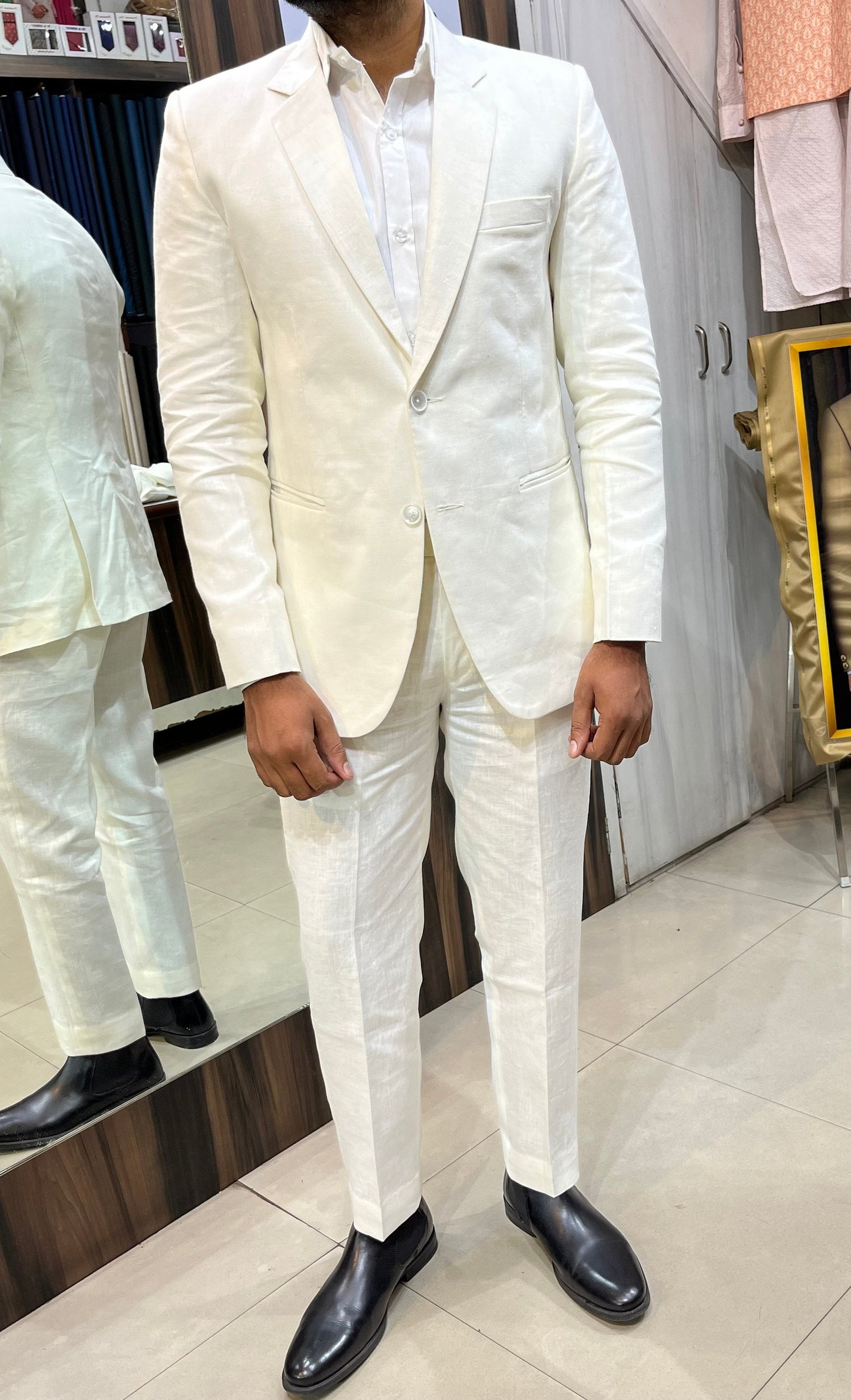 Ivory Linen 2 Piece Suit, Custom Fit Wedding Groom Attire
