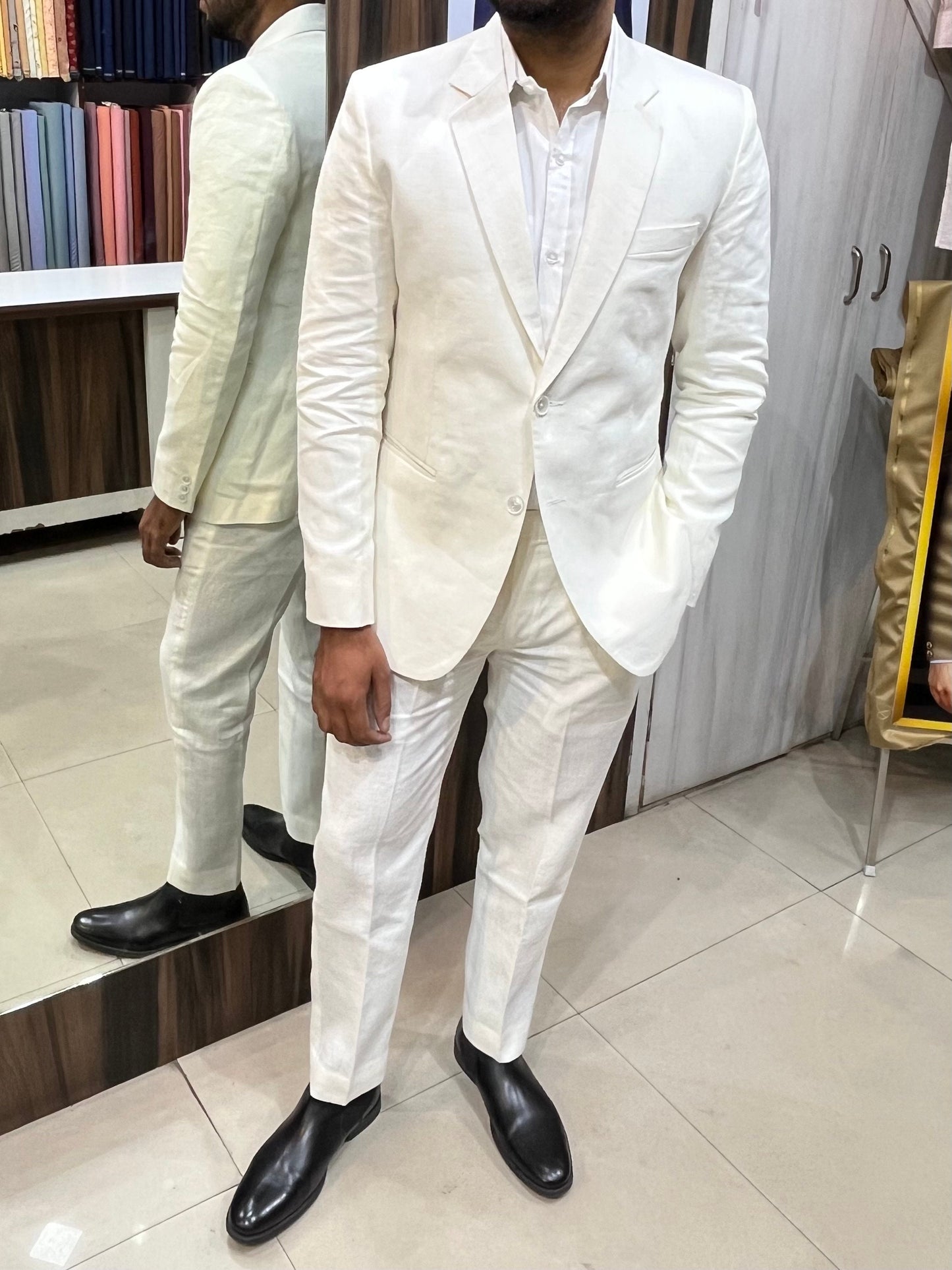 Ivory Linen 2 Piece Suit, Custom Fit Wedding Groom Attire