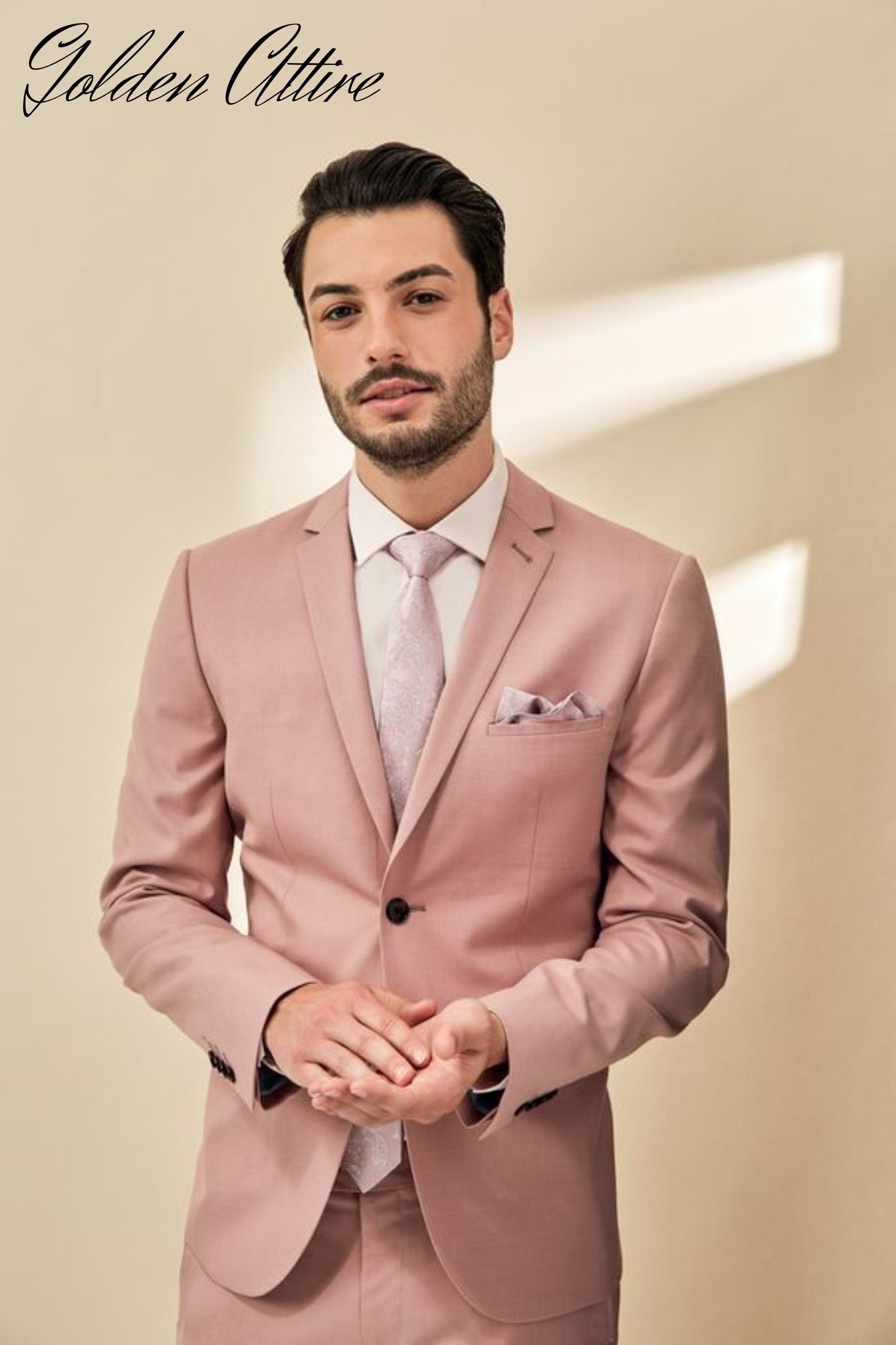 Dusty Rose Two Piece Wedding Suit, Luxury British Style Blush Pink Outfit