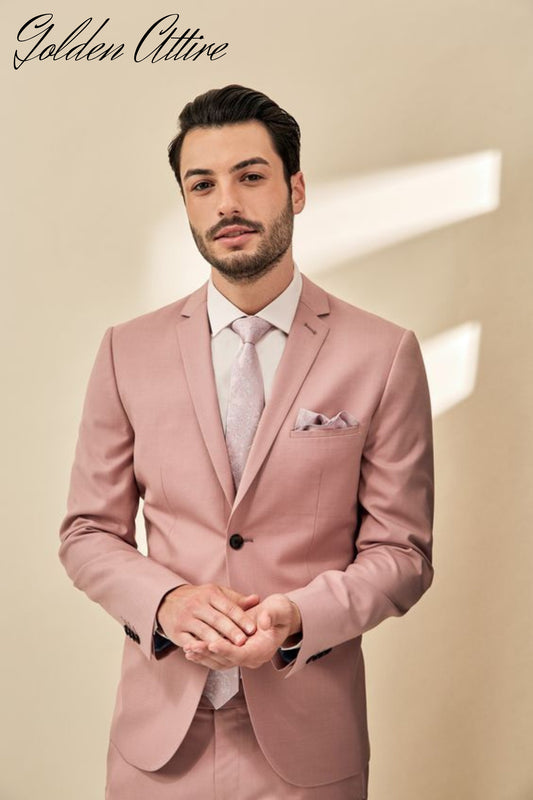Dusty Rose Two Piece Wedding Suit, Luxury British Style Blush Pink Outfit