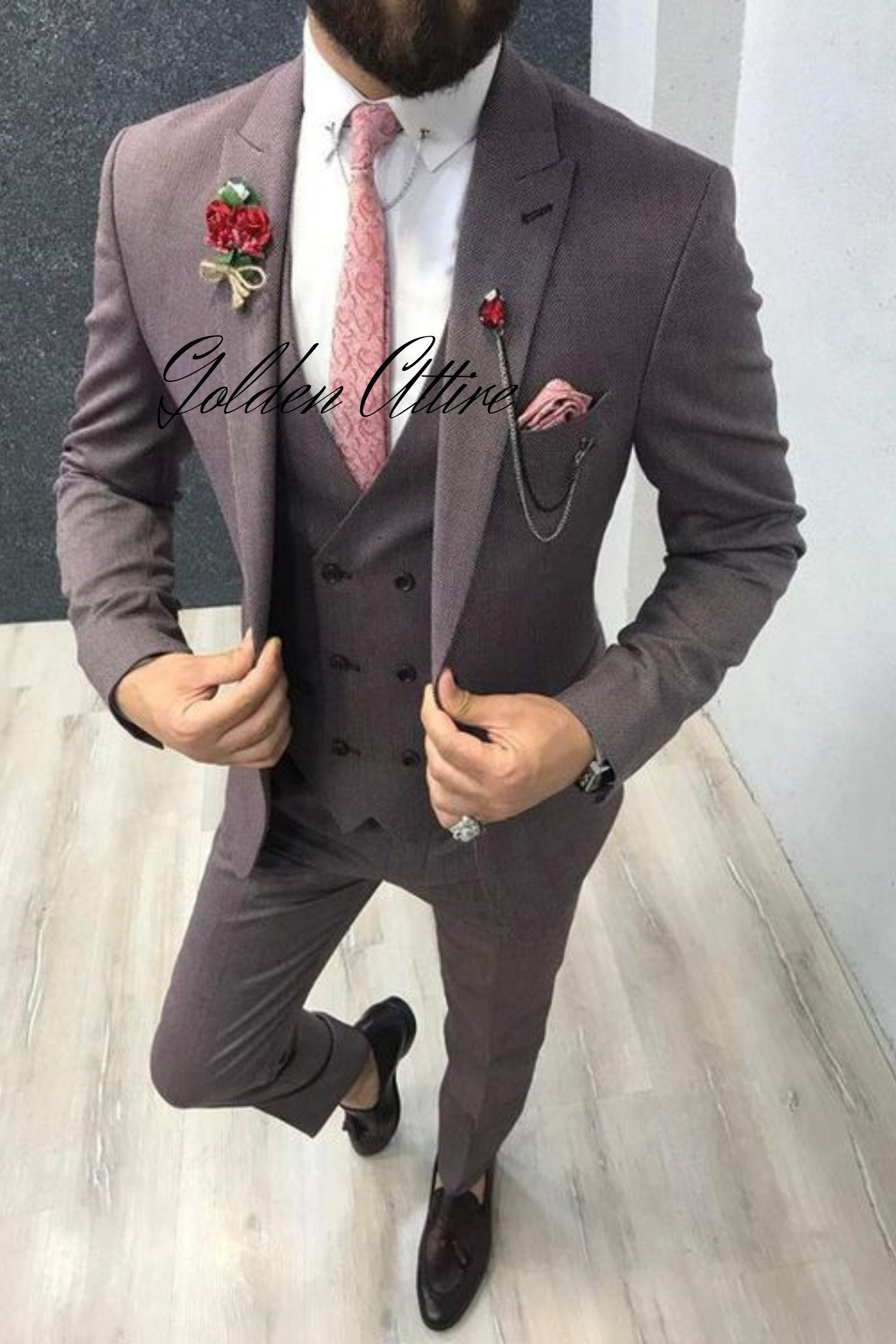 Dusty Rose 3-Piece Suit: Men's Wedding Groom Bespoke Attire