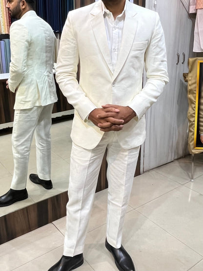 Ivory Linen 2 Piece Suit, Custom Fit Wedding Groom Attire