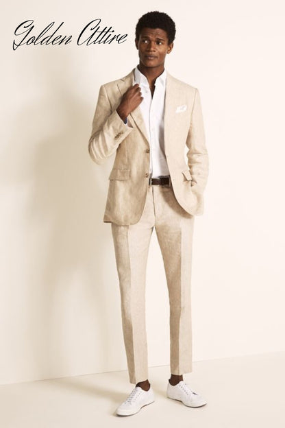 Golden Attire Beige Linen 3 Piece Groom Suit, Custom Fit Wedding Suits