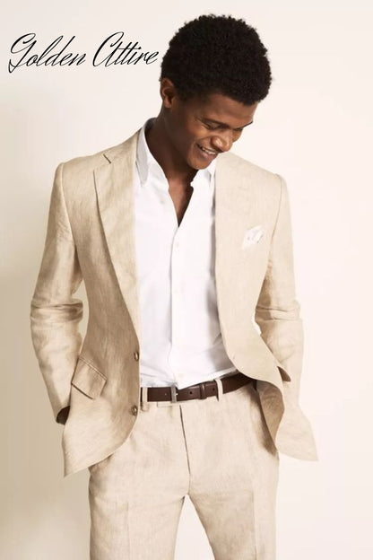 Golden Attire Beige Linen 3 Piece Groom Suit, Custom Fit Wedding Suits