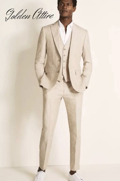 Golden Attire Beige Linen 3 Piece Groom Suit, Custom Fit Wedding Suits