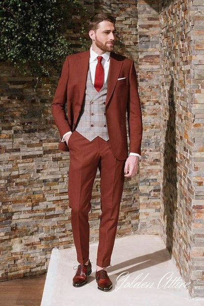 Terracotta Brown 3 Piece Suit: Men's Two Button Wedding Suit