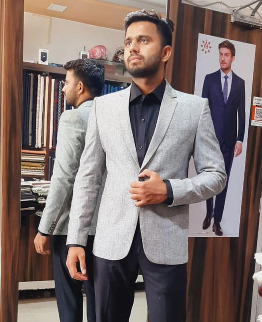 Grey Terry Rayon Men's Suit: Stretch Blazer, Black Trousers